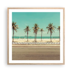 Plakat i ramme af lyst egetræ - På stranden - 60x60 cm