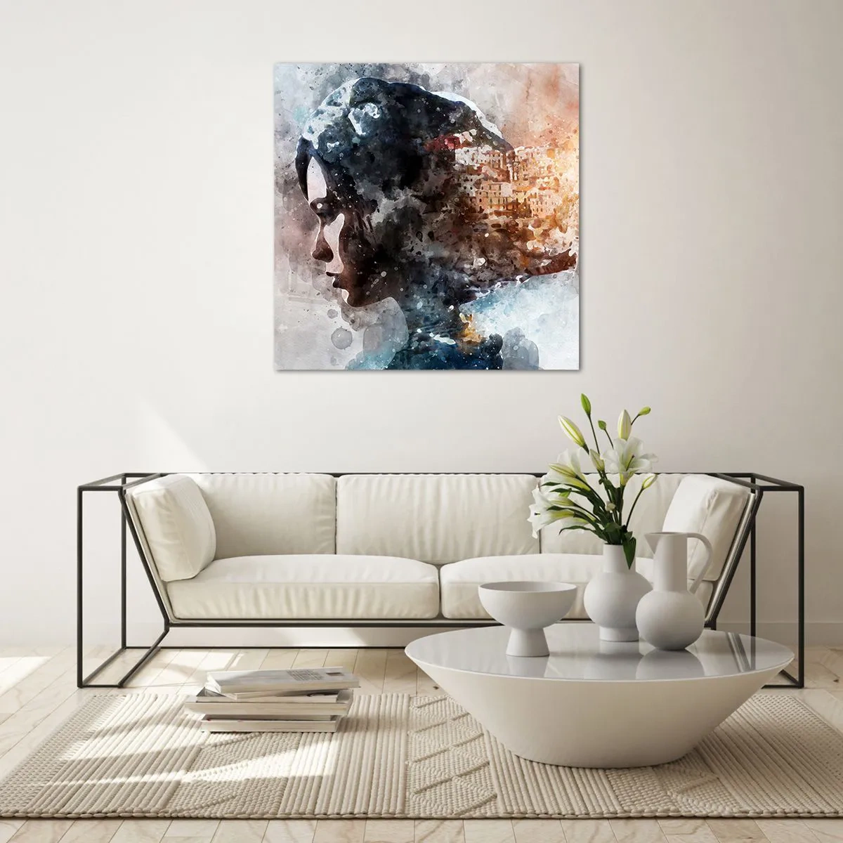 Billede på glas - Historien om en pige med en by i baggrunden - 50x50 cm