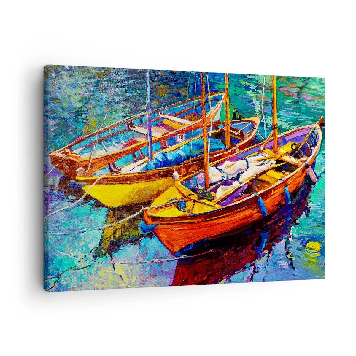 Lærredstryk - Billede på lærred - Farverige både på roligt vand - 70x50cm - På vand, der er tykt af farve - Moderne vægdekoration til stue og soveværelse ARTTOR