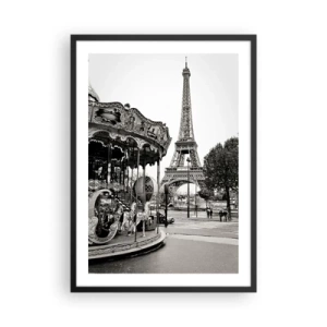 Plakat i sort ramme - Sort-hvidt foto af karrusellen og tårnet i baggrunden - 50x70cm - Når der gælder sjov, er det kun i Paris - Moderne vægdekoration til stue og soveværelse ARTTOR