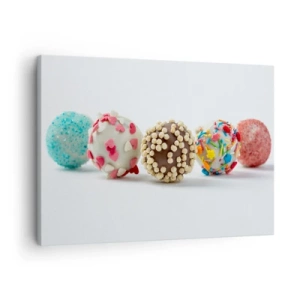 Lærredstryk - Billede på lærred - Farverige praliner med dekorationer på en hvid baggrund - 70x50cm - Livet kan være sødt - Moderne vægdekoration til stue og soveværelse ARTTOR