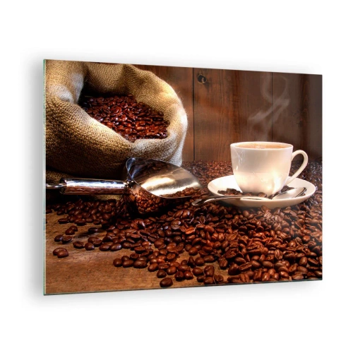 Billede på glas - En kop kaffe mod en baggrund af bønner og en jutepose - 70x50cm - Kan du lugte det? - Moderne vægdekoration til stue og soveværelse ARTTOR