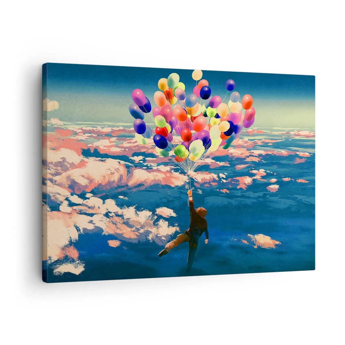 Lærredstryk - Billede på lærred - En figur, der svæver over skyerne med farverige balloner - 70x50cm - En barndomsdrøm, der går i opfyldelse - Moderne vægdekoration til stue og soveværelse ARTTOR
