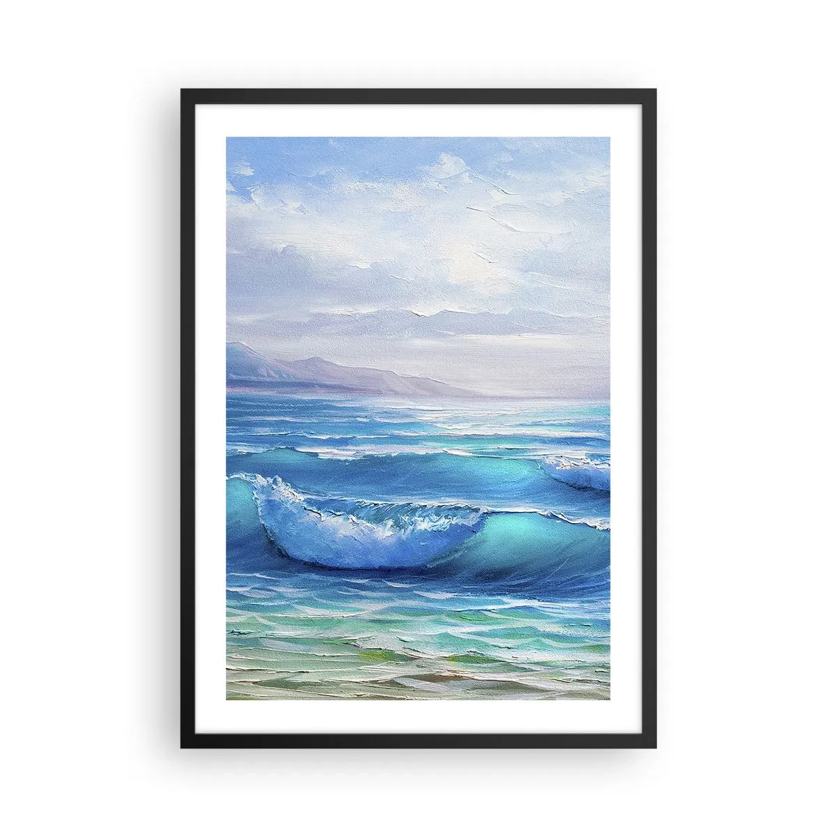 Plakat i sort ramme - Havbølger mod den blå himmel - 50x70cm - Giver trøst - Moderne vægdekoration til stue og soveværelse ARTTOR