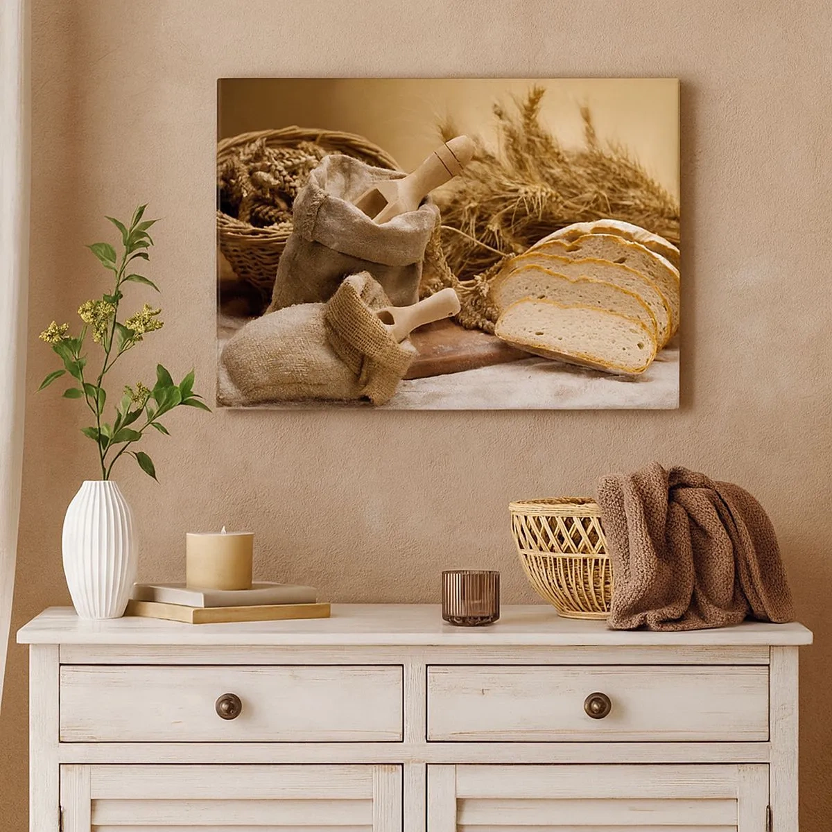 Lærredstryk - Billede på lærred - Et landskab med brød, mel og kornaks i rustik stil. - 70x50cm - Som skåret en kniv - Moderne vægdekoration til stue og soveværelse ARTTOR