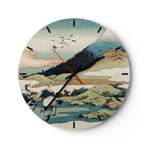 Vægur, Uret - Japansk scene med fugle mod et bjerglandskab - 30x30cm - I japansk ånd - Moderne vægdekoration til stue, køkken og soveværelse ARTTOR