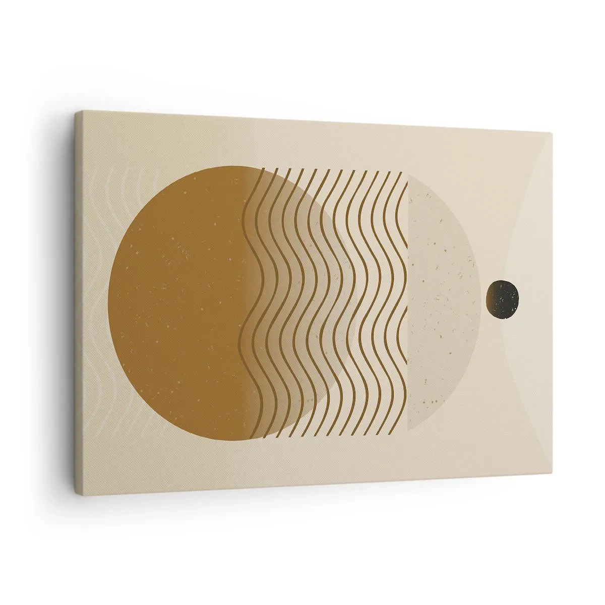 Lærredstryk - Billede på lærred - Geometrisk abstraktion med cirkler og bølgede linjer i varme farver. - 70x50cm - Om geometriske figurers oprindelse - Moderne vægdekoration til stue og soveværelse ARTTOR