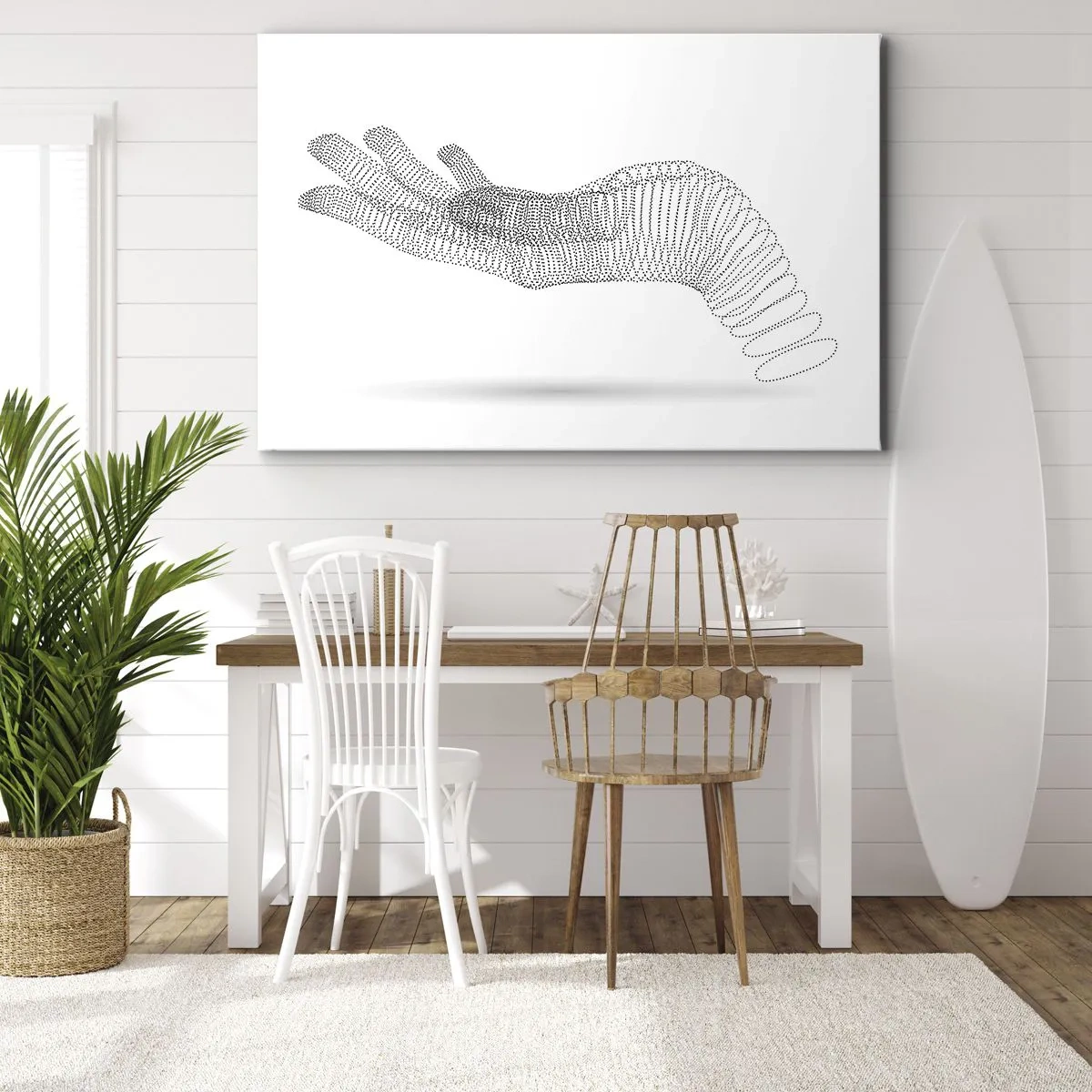 Lærredstryk - Billede på lærred - En minimalistisk illustration af en hånd lavet af sorte prikker på en hvid baggrund. - 70x50cm - Fjedrende hånd - Moderne vægdekoration til stue og soveværelse ARTTOR