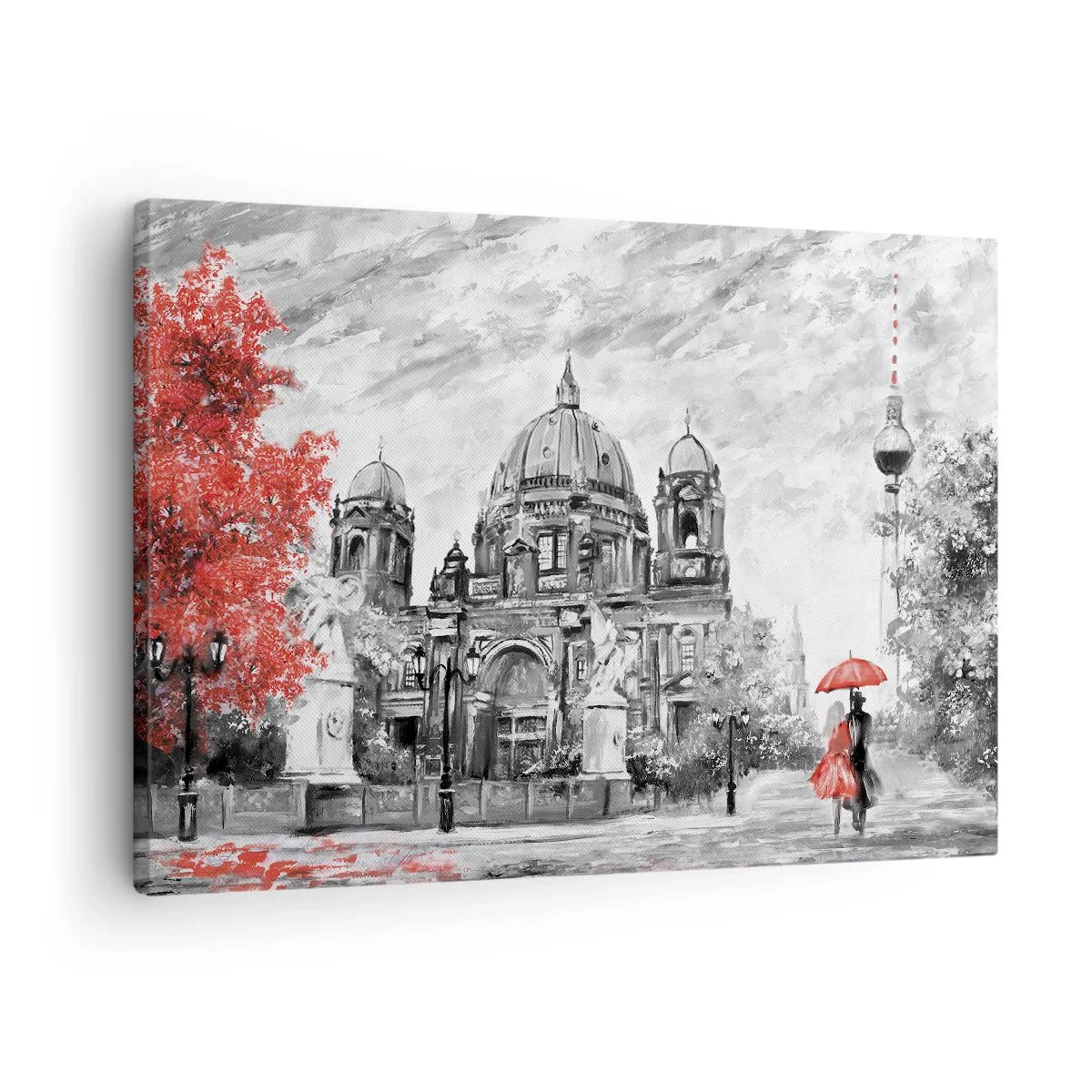 Lærredstryk - Billede på lærred - Sort-hvid scene med Berlin, en rød paraply og et træ - 70x50cm - Møde i Berlin - Moderne vægdekoration til stue og soveværelse ARTTOR