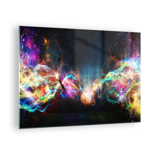 Billede på glas - Abstrakte lys og farverig energi i en futuristisk stil - 70x50cm - Glædeligt imod mørket - Moderne vægdekoration til stue og soveværelse ARTTOR