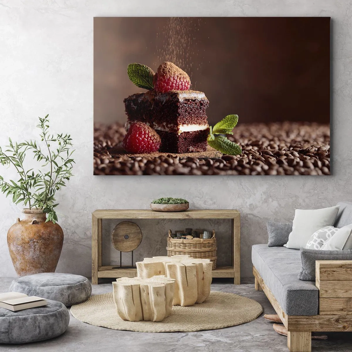 Lærredstryk - Billede på lærred - Chokoladekage med hindbær og mynte på en baggrund af kakaobønner - 70x50cm - Livet er sødt - Moderne vægdekoration til stue og soveværelse ARTTOR