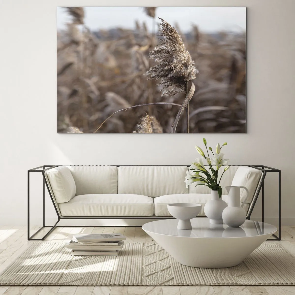 Billede på glas - Nærbillede af tørt græs, der svajer i vinden - 70x50cm - Tid til at flyve væk med vinden - Moderne vægdekoration til stue og soveværelse ARTTOR