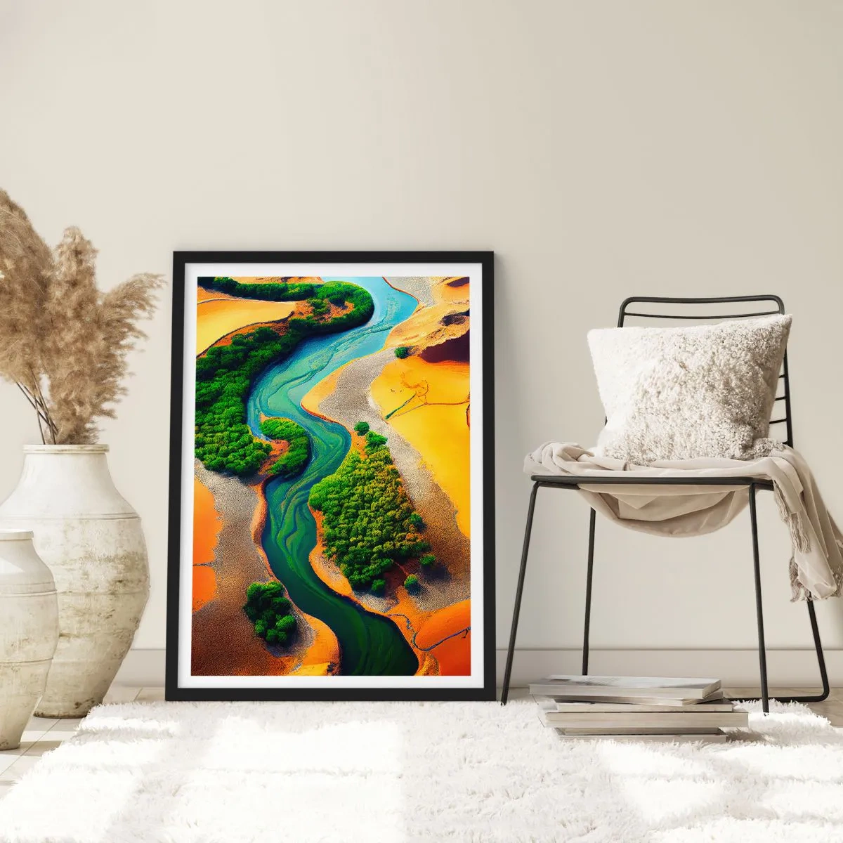 Plakat i sort ramme - Et farverigt landskab med en snoet flod - 50x70cm - Livgivende flod - Moderne vægdekoration til stue og soveværelse ARTTOR
