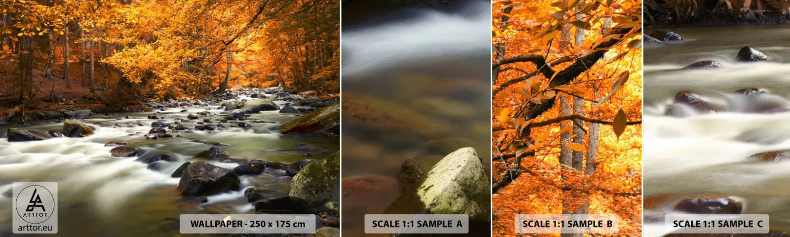 Fototapet Prøve Standard Eco - Et vandløb i den gyldne skov - Landskab, Skov, Bjergstrøm - 100x30 cm