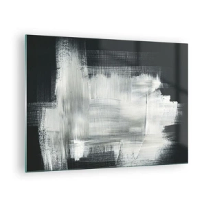 Billede på glas - Minimalistisk abstraktion i sort-hvid - 70x50cm - Vævet af det lodrette og det vandrette - Moderne vægdekoration til stue og soveværelse ARTTOR