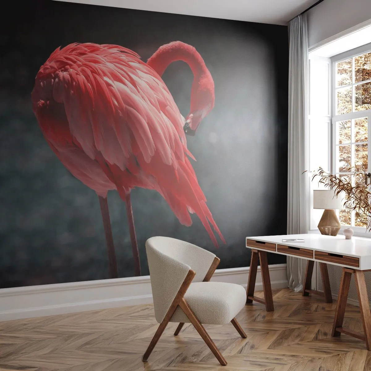 Fototapet Selvklæbende Deluxe Sticker - Et karmosinrødt naturdigt - Flamingo, Fugl, Natur - 400x280 cm