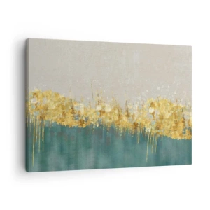 Lærredstryk - Billede på lærred - Gulddetaljer på en grøn-beige baggrund - 70x50cm - Den gyldne grænse - Moderne vægdekoration til stue og soveværelse ARTTOR