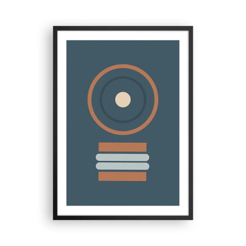 Plakat i sort ramme - Geometrisk mønster med cirkler og rektangler i nuancer af blå og brun - 50x70cm - Essensen af tingene - Moderne vægdekoration til stue og soveværelse ARTTOR