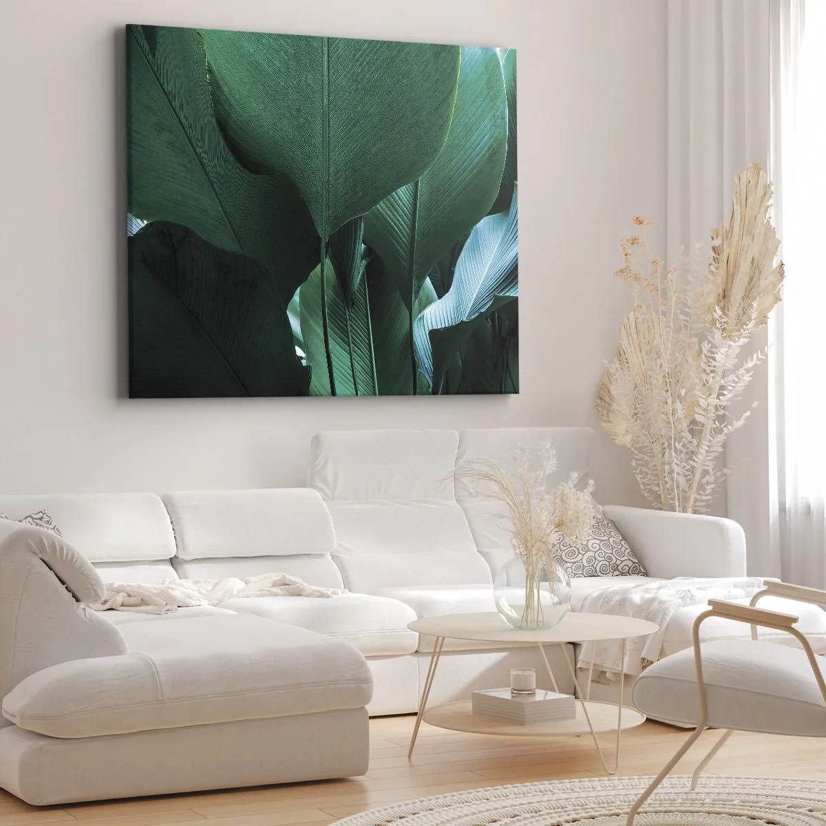 Lærredstryk - Billede på lærred - Grønne blade i en minimalistisk komposition - 70x50cm - Mod lyset - Moderne vægdekoration til stue og soveværelse ARTTOR