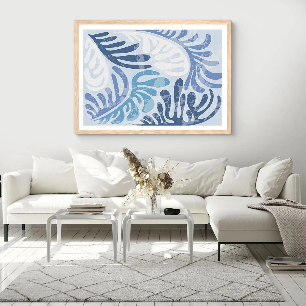 Plakat i ramme af lyst egetræ - Blå bregner - 100x70 cm