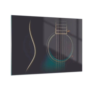 Billede på glas - Nærbillede af en sort akustisk guitar med strengedetaljer - 70x50cm - Et øjeblik før det lyder - Moderne vægdekoration til stue og soveværelse ARTTOR
