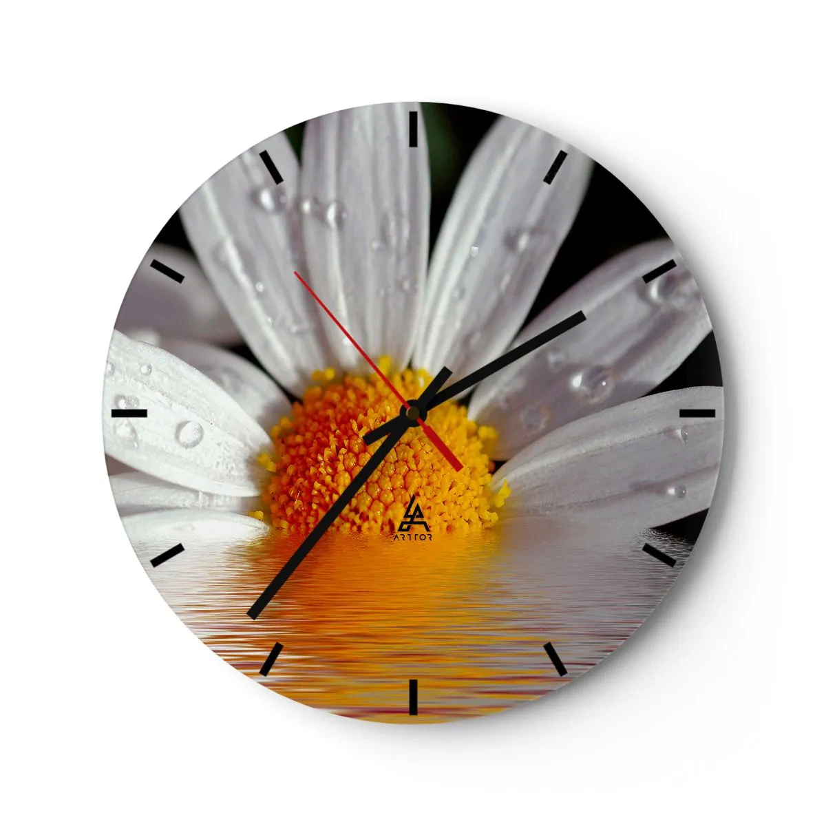 Vægur, Uret - Makro af en marguerit med vanddråber på dens kronblade - 30x30cm - Den opgående sol på margaret - Moderne vægdekoration til stue, køkken og soveværelse ARTTOR