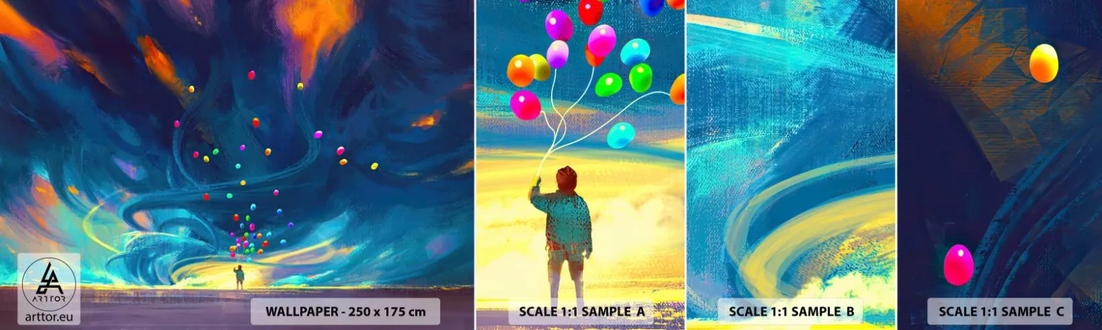 Prøve Fototapet Selvklæbende Deluxe Sticker - På en blå vind - For børn, Farverige balloner, Abstraktion - 100x30 cm