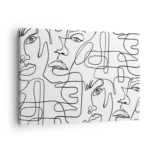 Lærredstryk - Billede på lærred - En minimalistisk tegning af et ansigt med linjer på en lys baggrund. - 70x50cm - I sammenfiltrede følelser - Moderne vægdekoration til stue og soveværelse ARTTOR