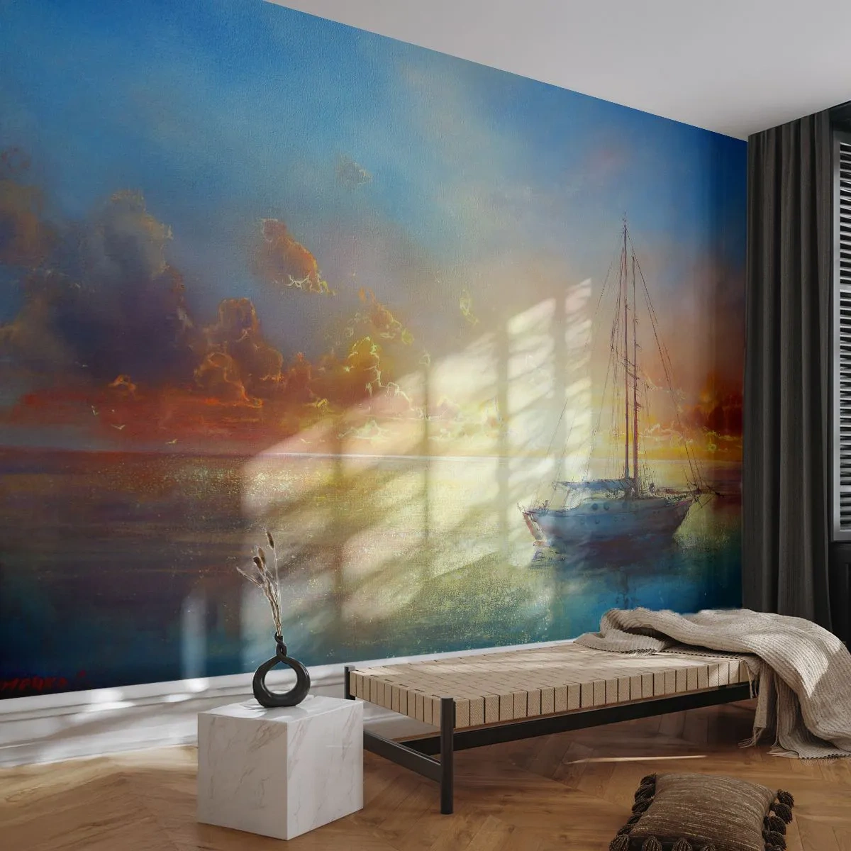 Fototapet Premium Sand - I en gylden bugt - Sejlbåd, Landskab, Hav - 100x70 cm