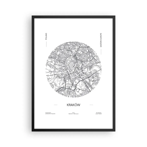 Plakat i sort ramme - Et minimalistisk kort over Krakow i en cirkel - 50x70cm - Krakows anatomi - Moderne vægdekoration til stue og soveværelse ARTTOR