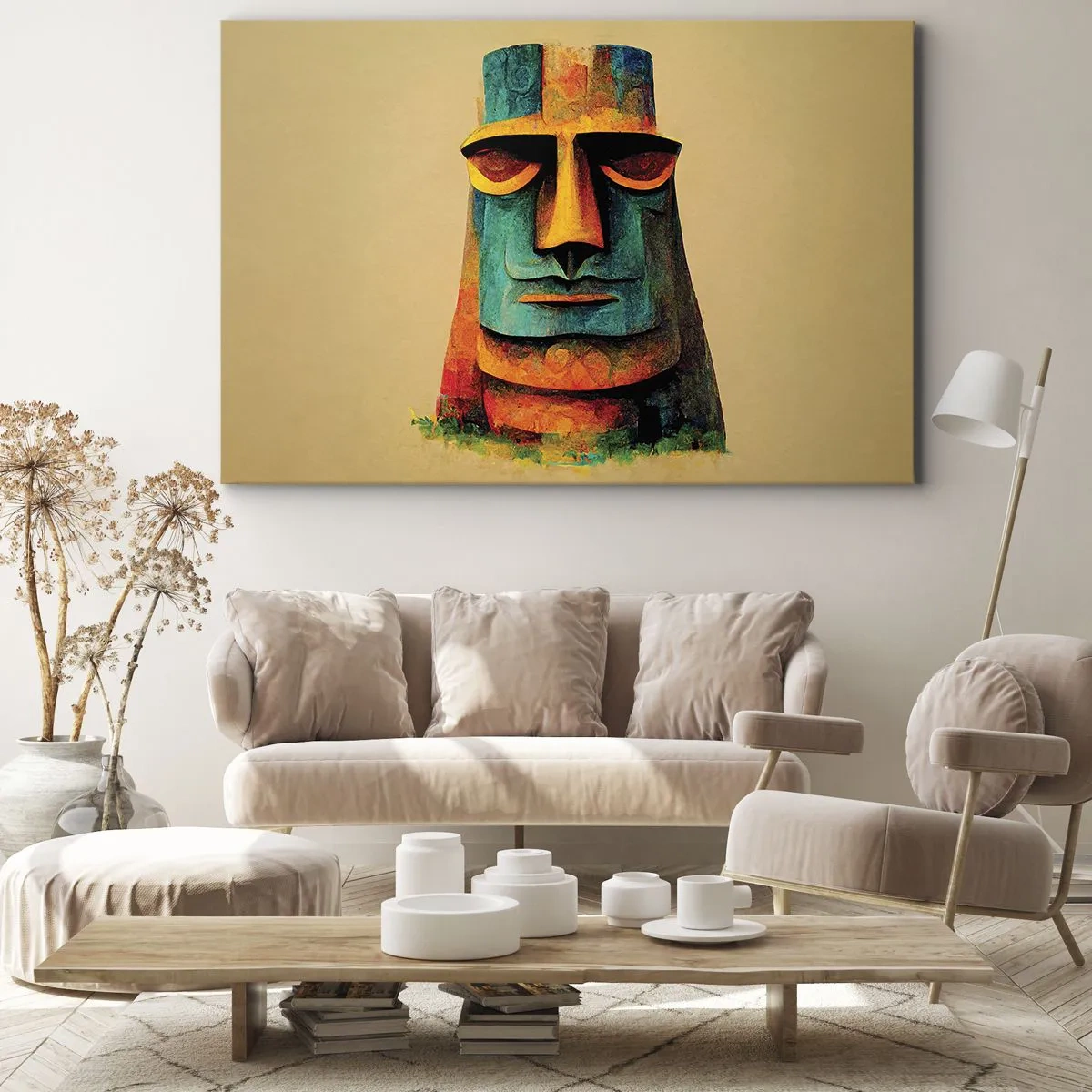 Lærredstryk - Billede på lærred - Farverig statue fra Påskeøen - 70x50cm - Statuarisk, men alligevel sympatisk - Moderne vægdekoration til stue og soveværelse ARTTOR