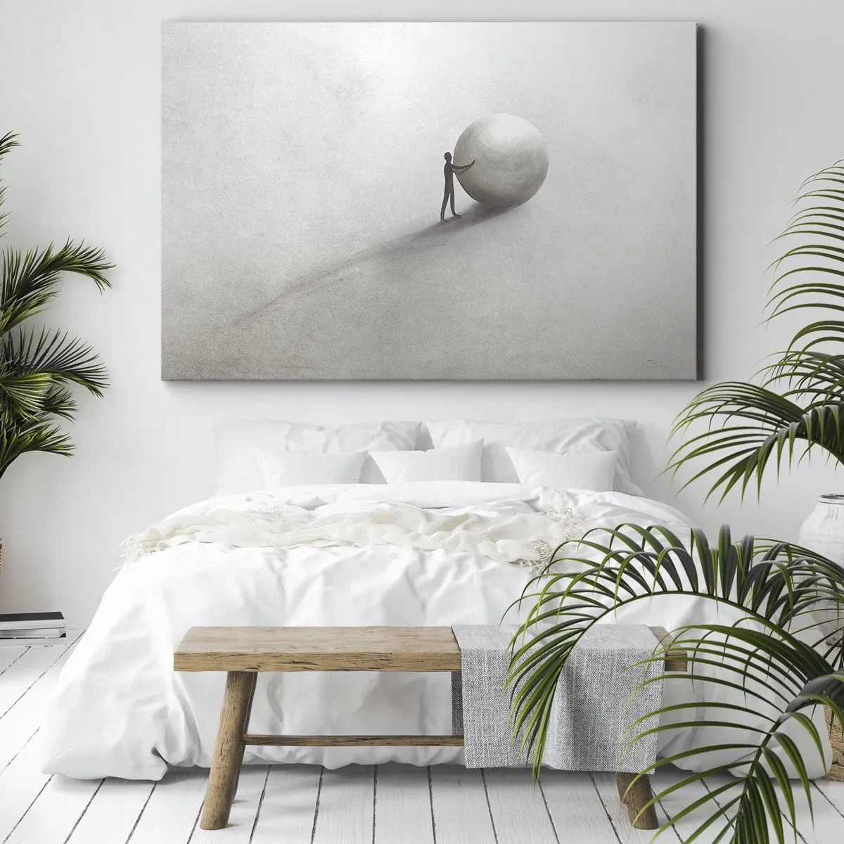 Lærredstryk - Billede på lærred - En minimalistisk figur med en bold på en lys, monokromatisk baggrund. - 70x50cm - Livets spil - Moderne vægdekoration til stue og soveværelse ARTTOR