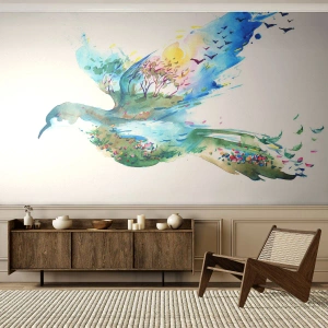 Fototapet Standard Eco - Fugl med naturlandskab i akvarelstil - 100x70cm - På naturens vinger - Moderne vægdekoration til stue og soveværelse ARTTOR