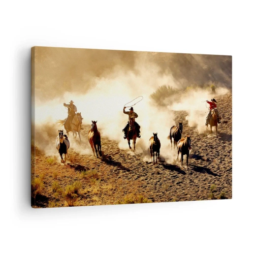 Lærredstryk - Billede på lærred - Cowboys på hesteryg i aktion i ørkenterrænet - 70x50cm - Et ægte vildt vesten - Moderne vægdekoration til stue og soveværelse ARTTOR