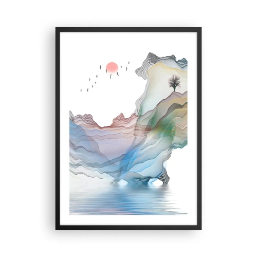 Plakat i sort ramme - Farverige, lagdelte bjerge over en rolig sø med et træ - 50x70cm - Mod krystalbjergene - Moderne vægdekoration til stue og soveværelse ARTTOR