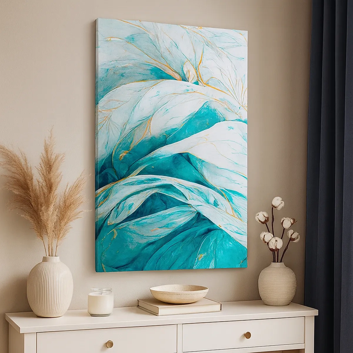 Lærredstryk - Billede på lærred - Blå abstraktion med et guldmotiv - 50x70 cm