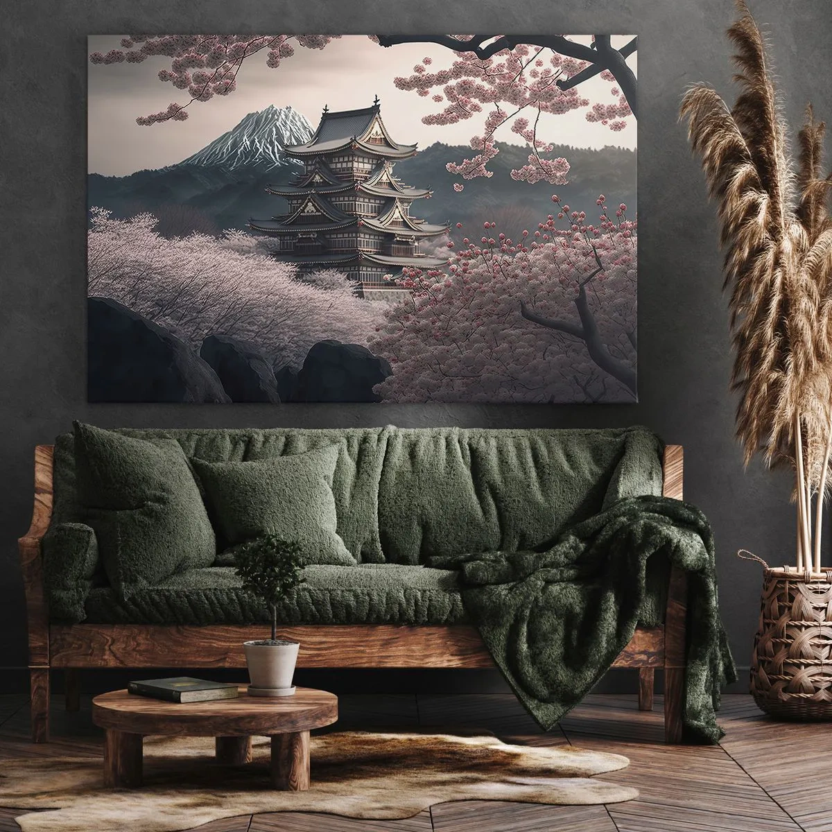 Lærredstryk - Billede på lærred - Et japansk tempel omgivet af kirsebærblomster og bjerge - 70x50cm - Kirsebærblomsternes land - Moderne vægdekoration til stue og soveværelse ARTTOR