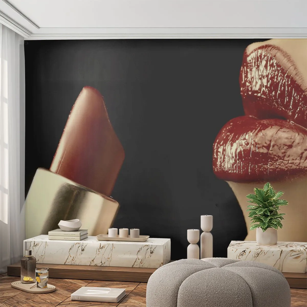 Fototapet Selvklæbende Deluxe Sticker - Karminrødt farves sanselighed og udstråling - Mennesker, Kvinde, Makeup - 500x350 cm
