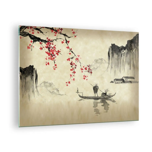 Billede på glas - Orientalsk fiskescene med kirsebærblomstgren og bjerge - 70x50cm - I kirsebærblomsternes land - Moderne vægdekoration til stue og soveværelse ARTTOR