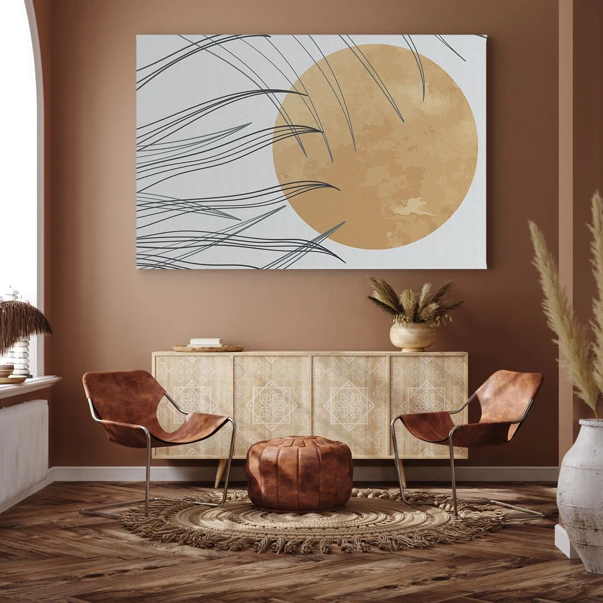 Lærredstryk - Billede på lærred - Abstrakte græsstrå mod baggrunden af en stor orange sol - 70x50cm - Altid mod solen - Moderne vægdekoration til stue og soveværelse ARTTOR