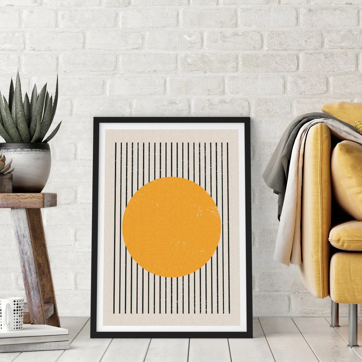 Plakat i sort ramme - Geometrisk komposition med orange cirkel og linjer - 50x70cm - Enkelthedens kraft - Moderne vægdekoration til stue og soveværelse ARTTOR