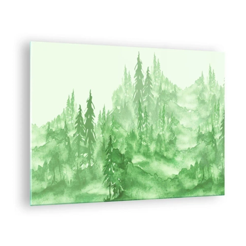 Billede på glas - Grøn skov i akvarelstil - 70x50cm - Sløret af grøn tåge - Moderne vægdekoration til stue og soveværelse ARTTOR