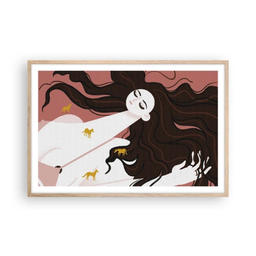 Plakat i ramme af lyst egetræ - Drøm om en gylden hest - 91x61 cm
