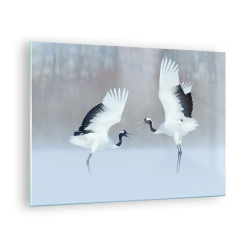 Billede på glas - Dansende traner mod en baggrund af et vinterlandskab - 70x50cm - Danser i tågen - Moderne vægdekoration til stue og soveværelse ARTTOR