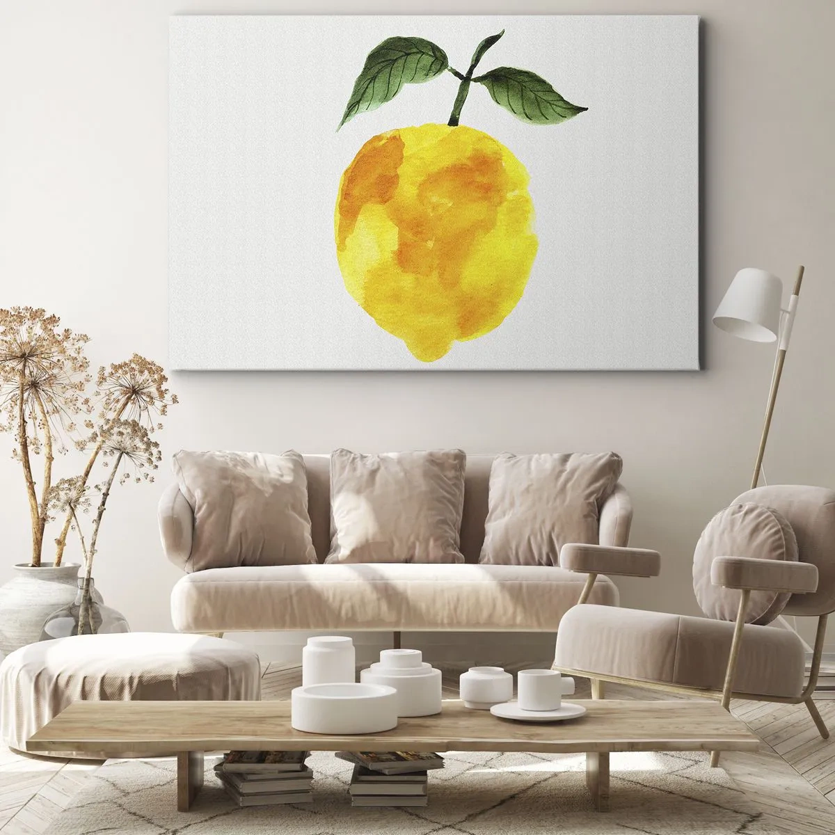 Lærredstryk - Billede på lærred - Akvarel citron med grønne blade på en lys baggrund - 70x50cm - Hvordan man kender smagen af solen - Moderne vægdekoration til stue og soveværelse ARTTOR