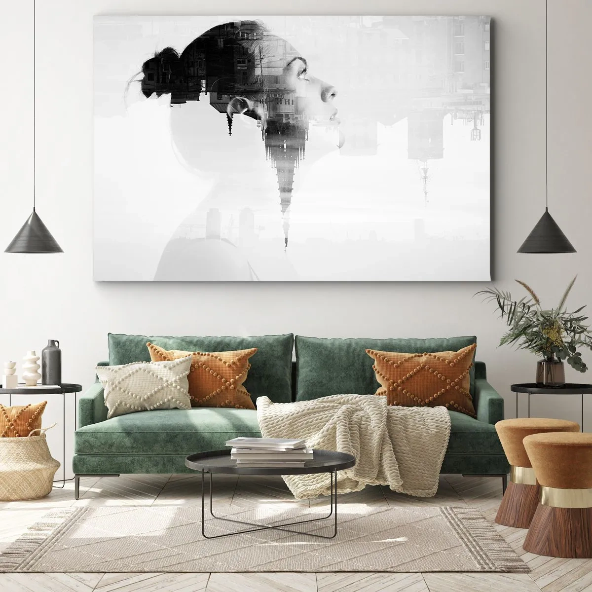Lærredstryk - Billede på lærred - Portræt af en kvinde med omridset af en by i baggrunden, sorte og hvide farver - 70x50cm - På begge sider af glasset - Moderne vægdekoration til stue og soveværelse ARTTOR