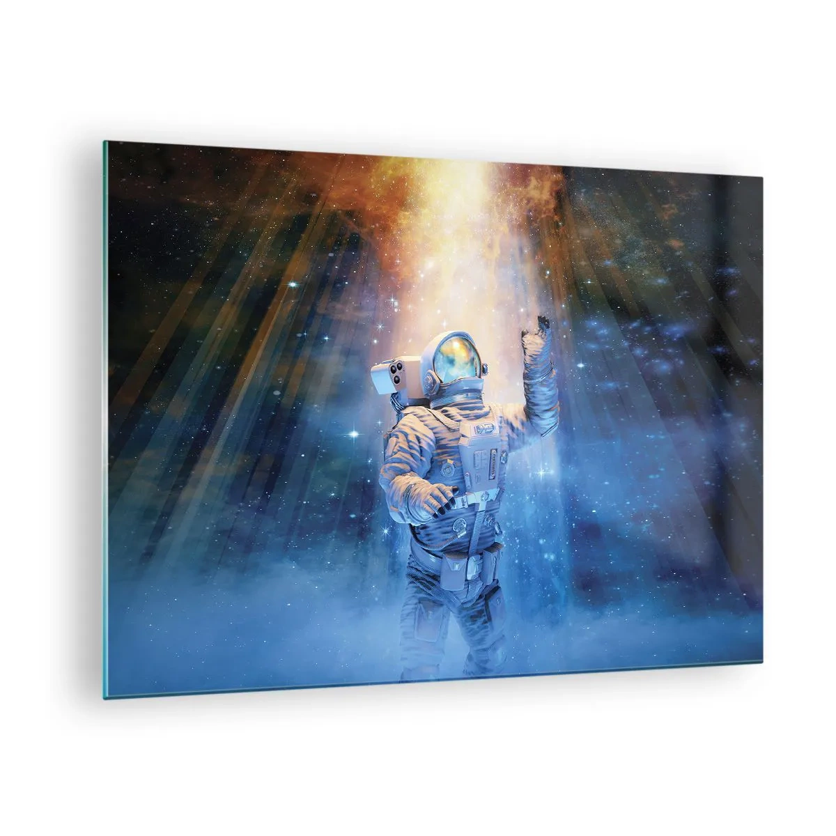 Billede på glas - En astronaut i rummet oplyst af lysstråler - 70x50cm - Endelig på destinationen - Moderne vægdekoration til stue og soveværelse ARTTOR