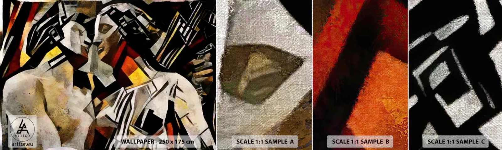 Prøve Fototapet Premium Canvas - Statuesk kys - Forelsket par, Kubisme, Kys - 100x30 cm