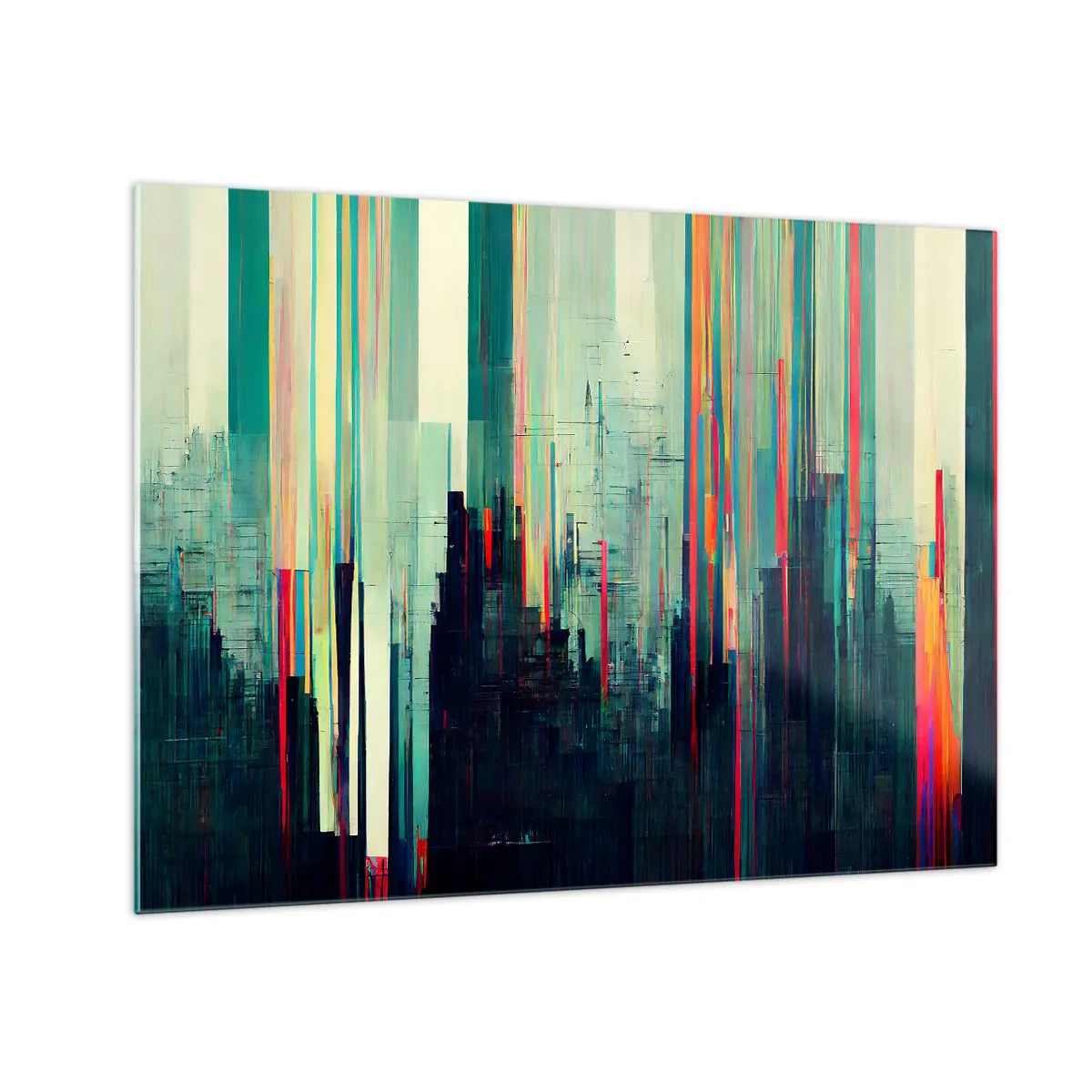 Billede på glas - Lodrette farvede linjer danner omridset af en futuristisk metropol. - 70x50cm - Futuristisk by - Moderne vægdekoration til stue og soveværelse ARTTOR