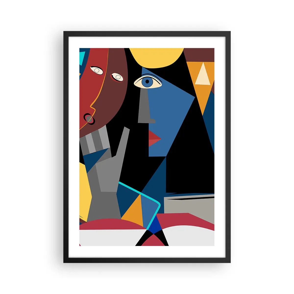 Plakat i sort ramme - Kubistisk abstraktion af et ansigt i levende farver - 50x70cm - Kubistisk samtale - Moderne vægdekoration til stue og soveværelse ARTTOR